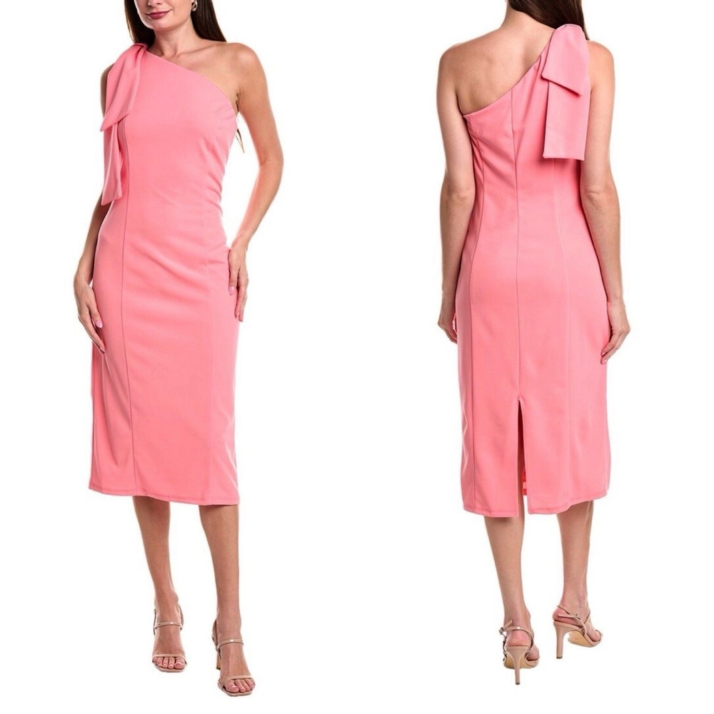 Marina Midi Crepe Dress One Shoulder Bow Accent In Coral Size XS - Picture 8 of 9
